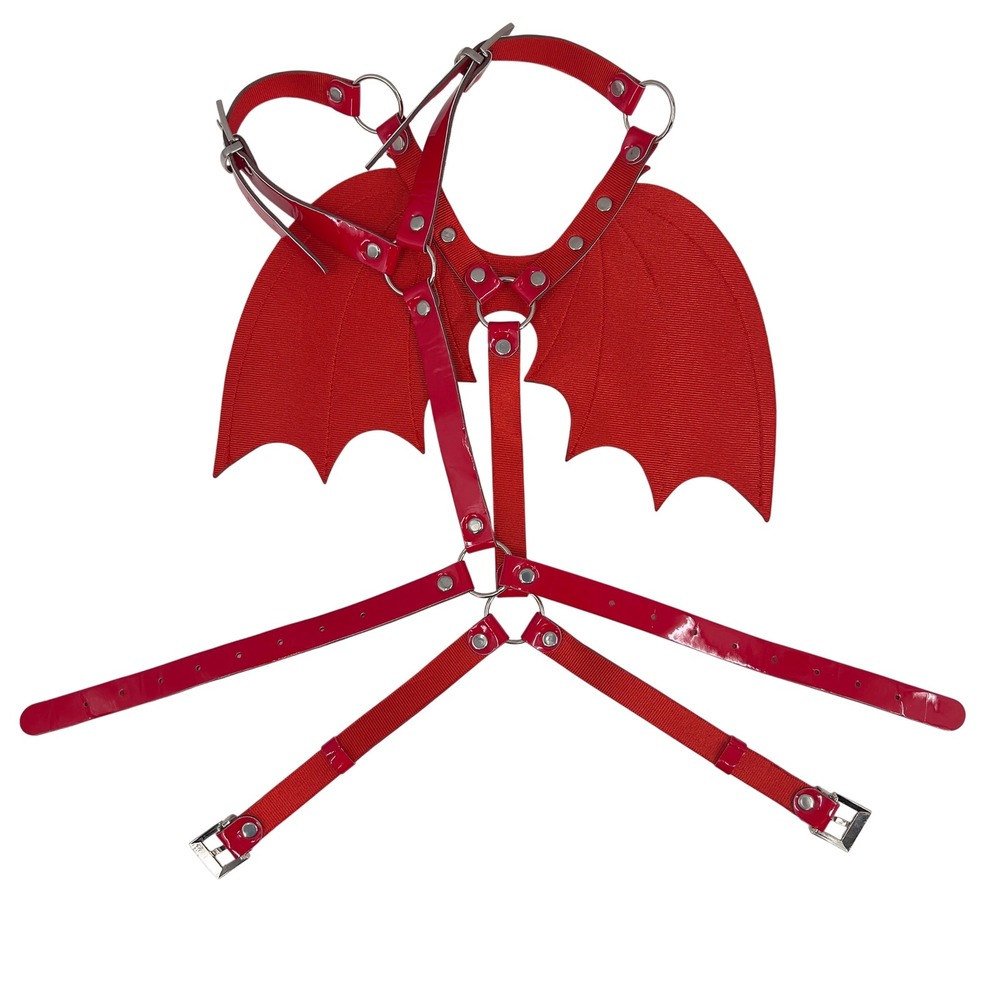 Red Patent Vinyl Demon Bat Wing Body Harness Devil Rave Festival Costume OS View 3